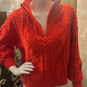 PJ Salvage Bright Red Cable Knit Zippered Turtleneck Sweater